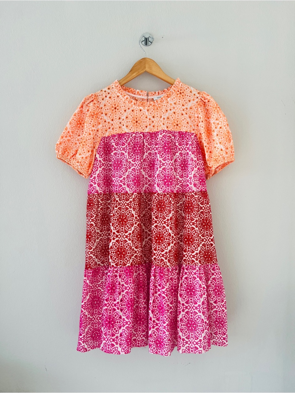 Multi-Stripe Eyelet & Print Mini Dress - Pink & Peac